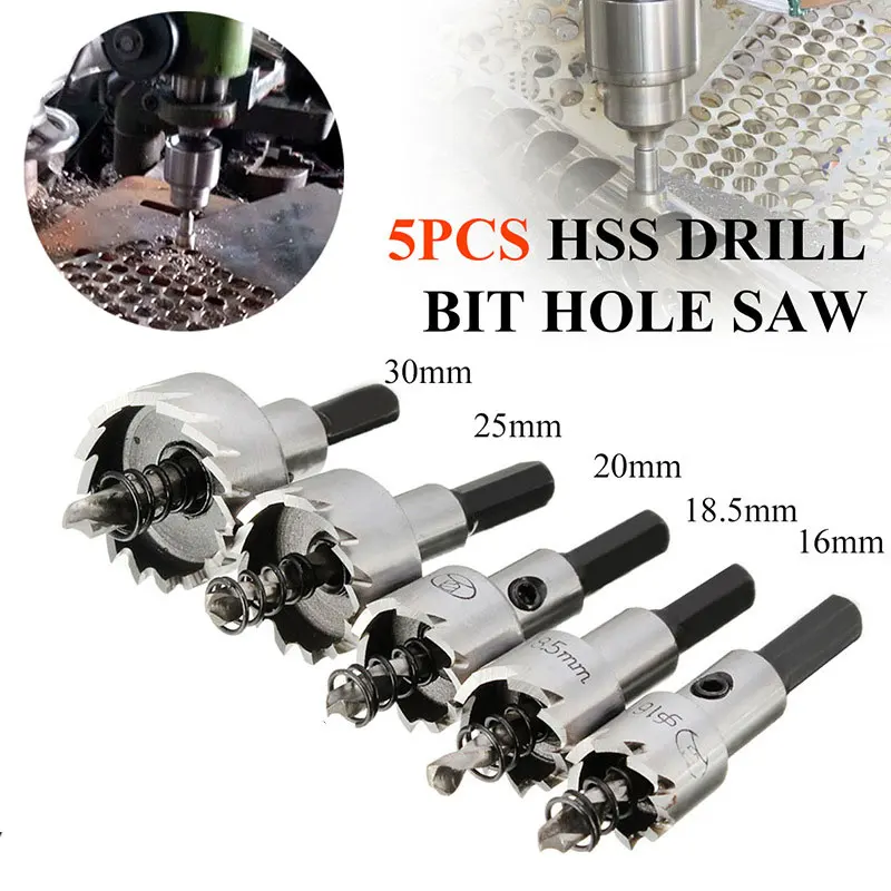 5Pcs Carbide Tip HSS Drill Bit Hole Saw Set Stainless Steel Metal Alloy 16/18.5/20/25/30mm Woodworking Tools