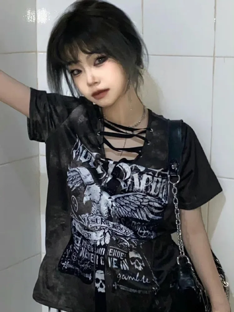 

Punk Subculture Hot Girl Tshirt Summer Short Sleeve Retro Strap Loose Print T-shirt Harajuku Punk Grunge Goth Women Shirts Tee