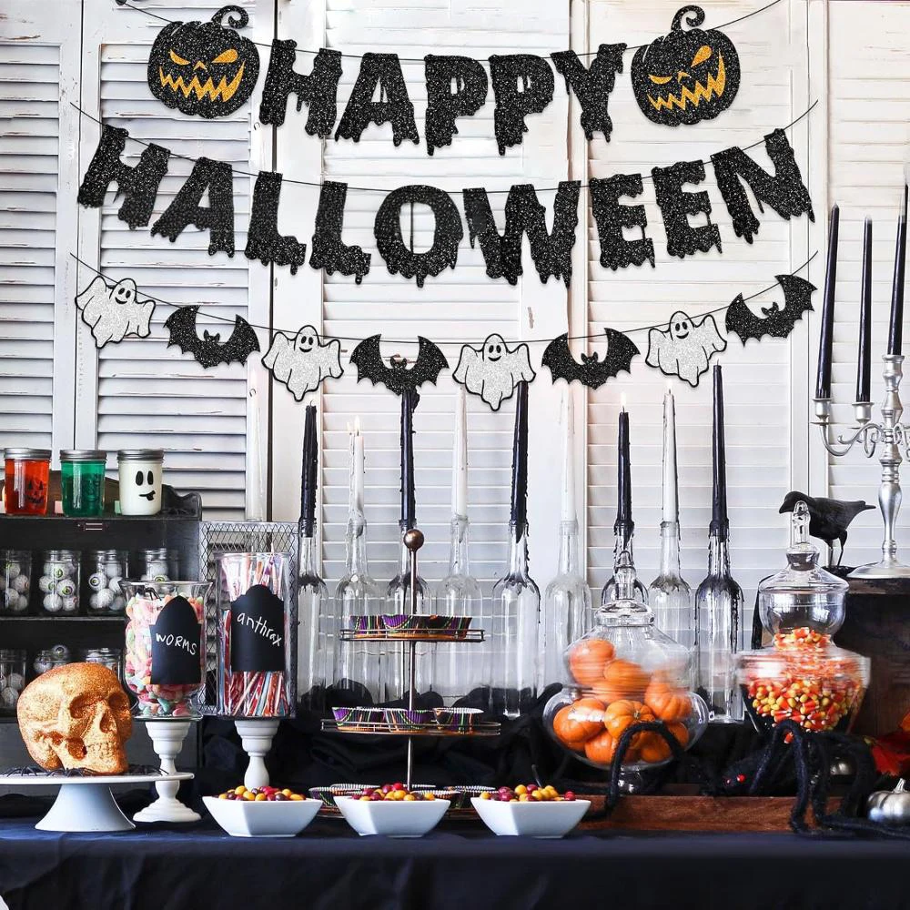 Runtow Happy Halloween Banner, Halloween Papier Hängegirlande Bunting Banner, Kürbis Flagge, Halloween Party Hintergrund Dekor – Detail 1