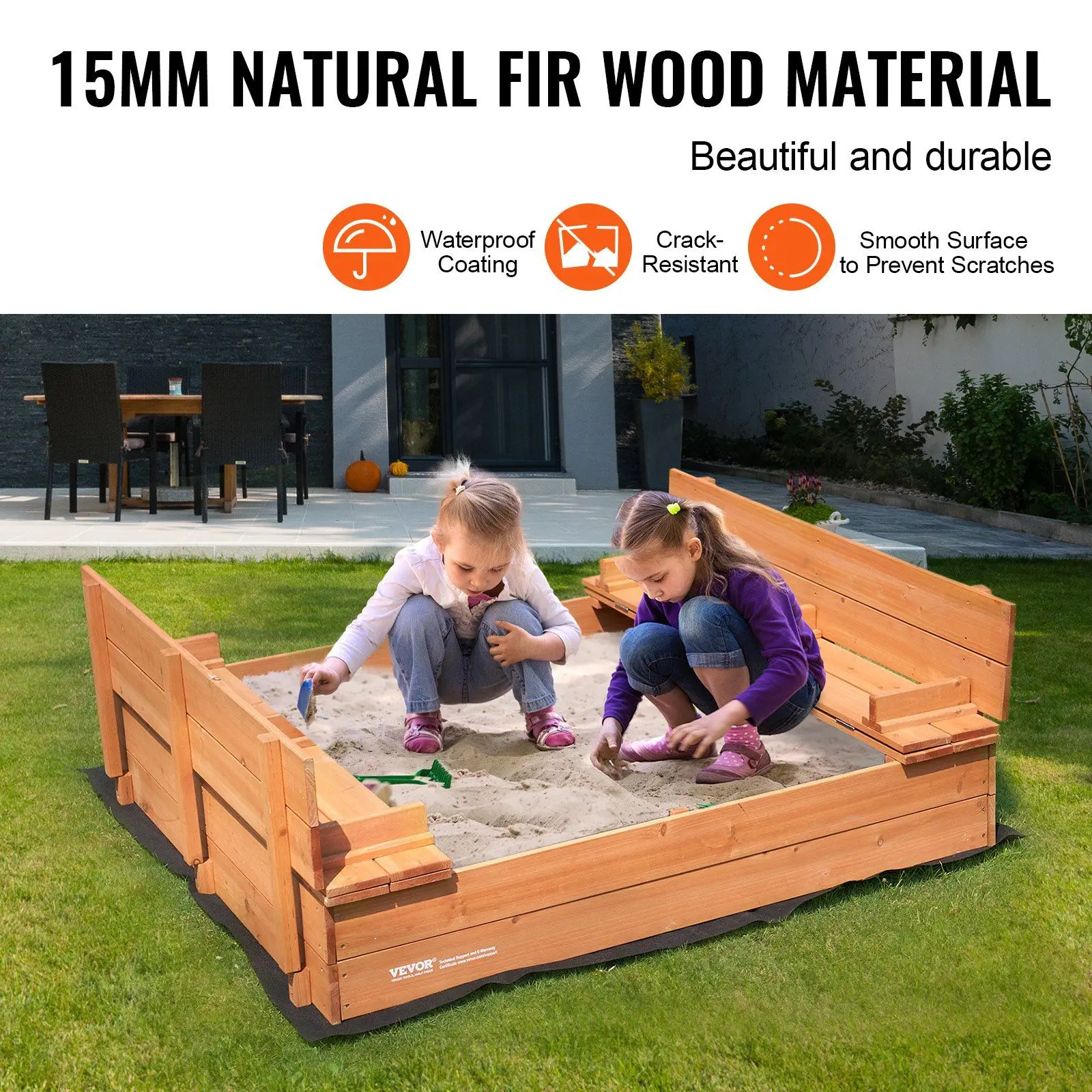 Wooden Sandbox, 52.4 x 47.2 x 16.9 in Sand Box, Sand Pit with Foldable Bench Seats and Bottom Liner, Natural Wood Kids Sandbox 3