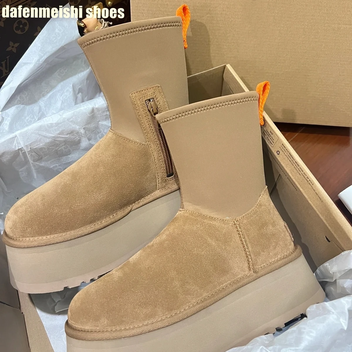 

Black/brown Thick Sole Snow Boots 2023 Winter New Fashion Warm Cotton Boots Round Toe Ankle Stretch Boots Side Zipper Anti-Slip