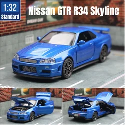 1/32 Nissan Skyline GTR R34 JDM Diecast Toy Car with Sound & Light Pull - Back Action - Collectible Gift (Standard Blue)