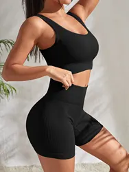 Women's Seamless Ribbed Yoga & Workout Set - 2-Piece Crop Tank and High Waist Shorts - L (Black)
