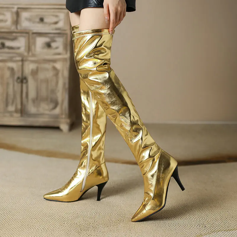 

Large Size 34-48 Patent Leather Gold Silver Pointed Toe Spike High Heels Overknees Shiny Party Stilletto Over-the-knee Boots