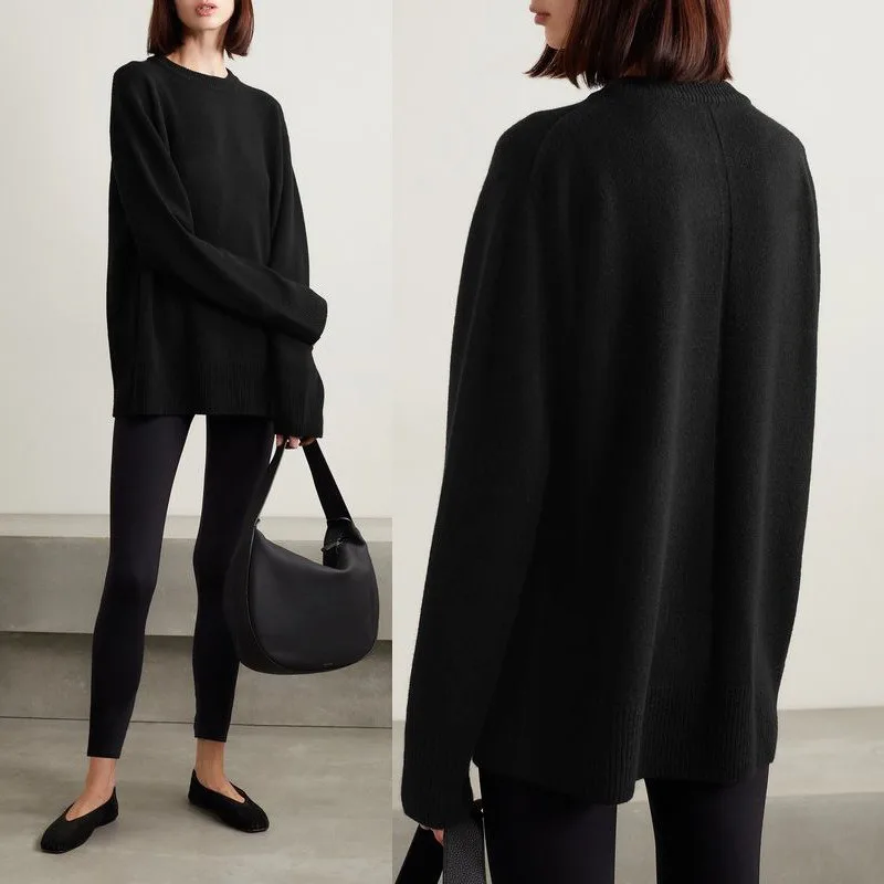 

TheR0w Sweater Autumn and Winter Evergreen Soft Glutinous Elastic Wool Cashmere Knitted Black Knit for Women