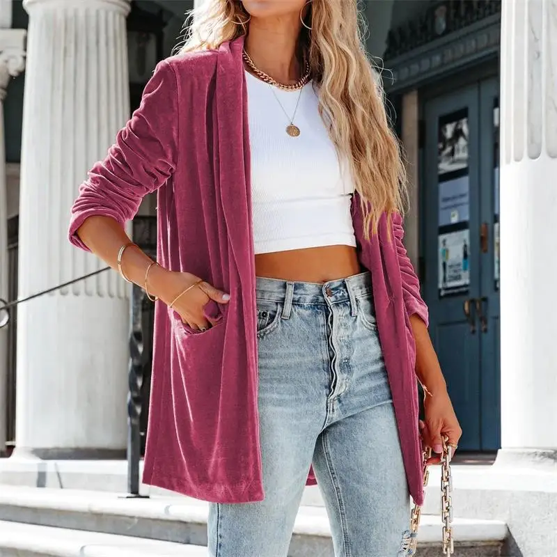 

Fashion Elegant Cardigan Coat for Women New Spring Autumn Pure Color Pocket Casual Outerwear Warm Long Sleeve Jacket Female Tops
