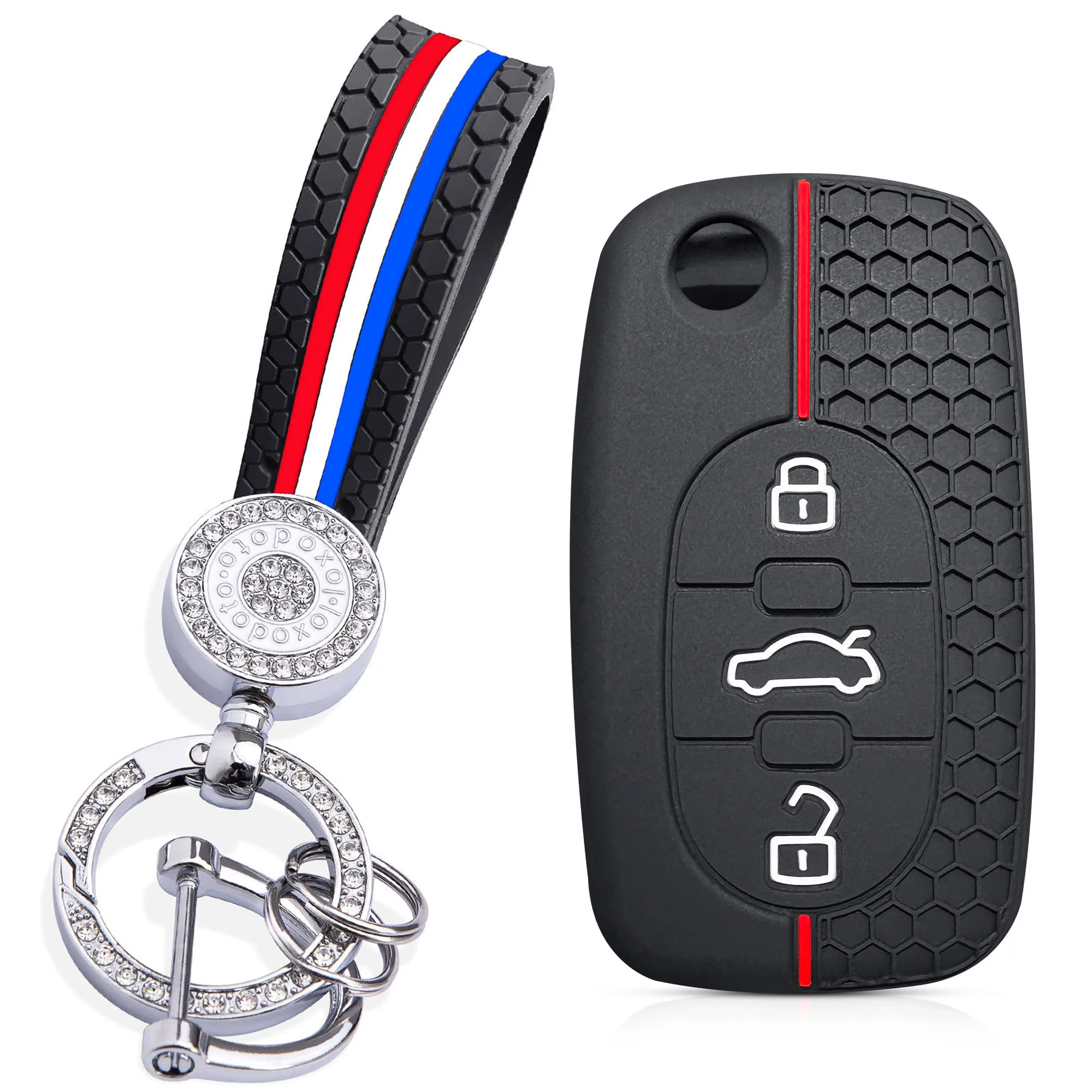Funda Protectora Con Llavero Brillante Para Llave De Coche Audi - Compatible Con A4, A5, A6, A7, A8, Q2, Q5, Etc. (Color Plata)