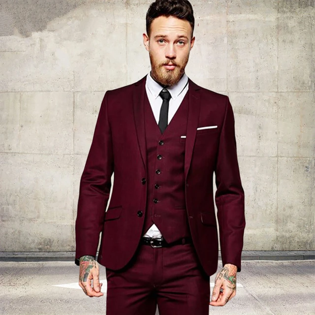 Men's Fashion Wine Red Burgundy Men Suits Slim Fit Formal Tailor Made Groom  Prom Tuxedo 3 Piece Male Blazer Jacket+Pant+Vest - AliExpress