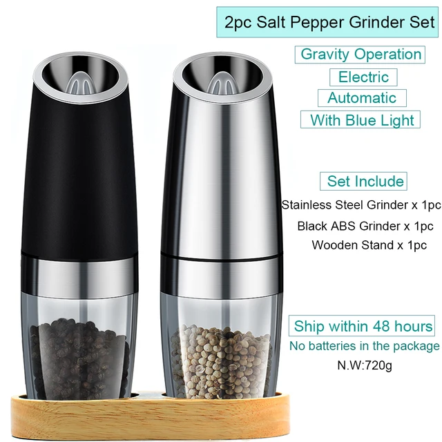 Automatic Salt Pepper Mill Grinder Electric Stainless Steel LED Light  Gravity Operated Mills Kitchen Spice Tools Set for Cooking