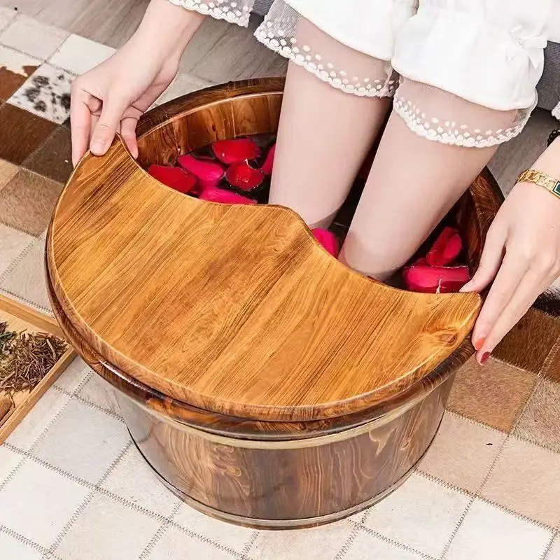 1PC Covered health foot bath tub carbonized foot bath tub household foot basin thickened solid wood with acupoints foot bath tub