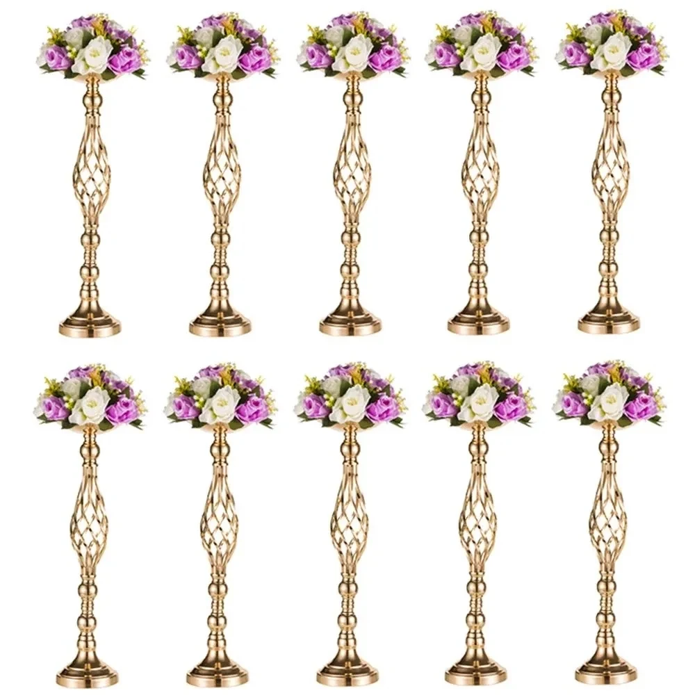 

10PCS Gold Flower Vases Candle Holders Rack Stands Wedding Decoration Road Lead Table Centerpiece Pillar Party Event Candlestick