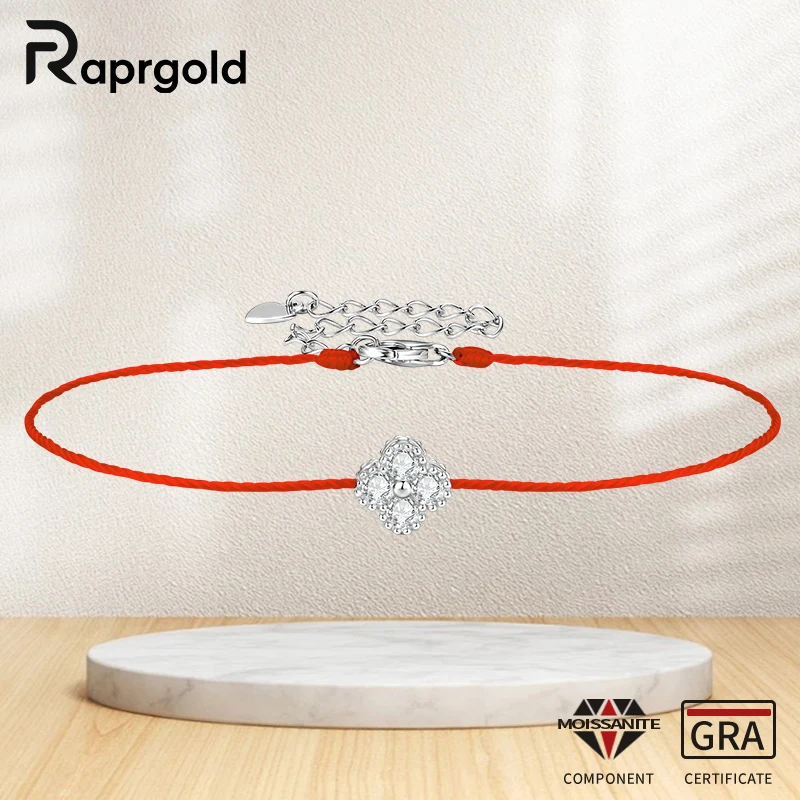 RAPRGOLD 리얼  Moissanite 블루 레드 스트링 네잎 클로버 끈 팔찌..