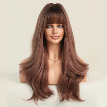 Long Wavy Wig Light Brown Synthetic Wigs with Bangs Natural Hair for Women Cosplay Lolita Daily Use Heat Resistant Wigs 36