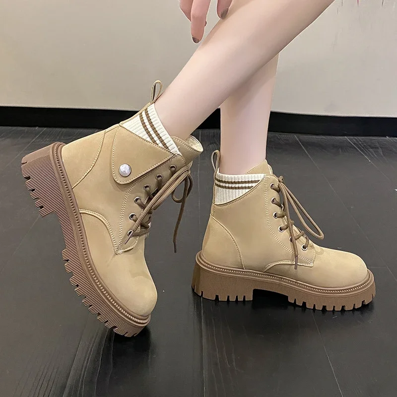 

Женские ботинки на шнуровке, однотонные теплые непромокаемые ботинки с круглым носком, на платформе, с коротким цилиндрическим каблуком, для зимы, 2023