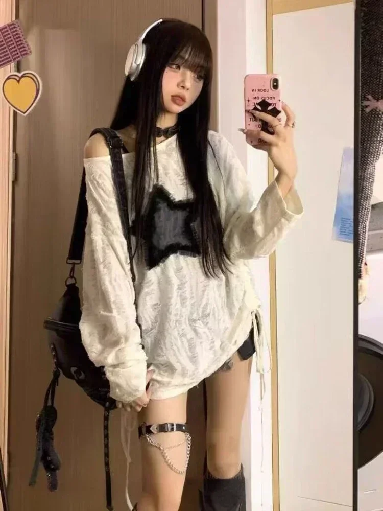 

Grunge Hole T-shirt Women Fashion Star Print Y2k Aesthetic Loose Tees Ripped Tshirt Harajuku Gothic Streetwear Gothic Pullover