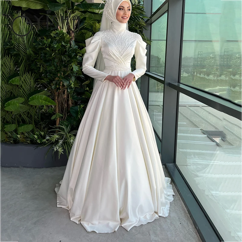 

OYISHA Elegant Satin Muslim Wedding Dress Delicate Appliques Lace Pearl Bridal Gown Classic High Neck Long Sleeve Robe De Mariée