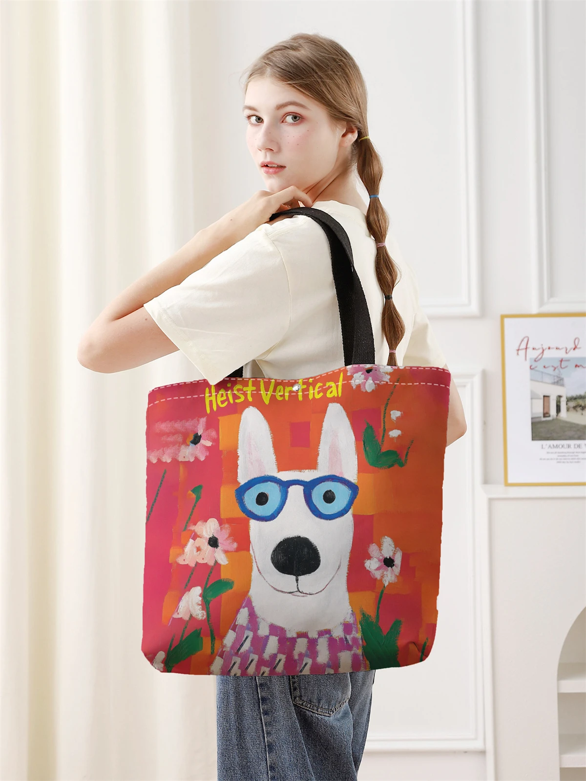 1pc， Cute cartoon dog pattern handbag, reusable fashionable handbag, multifunctional handbag, printed canvas shopping bag