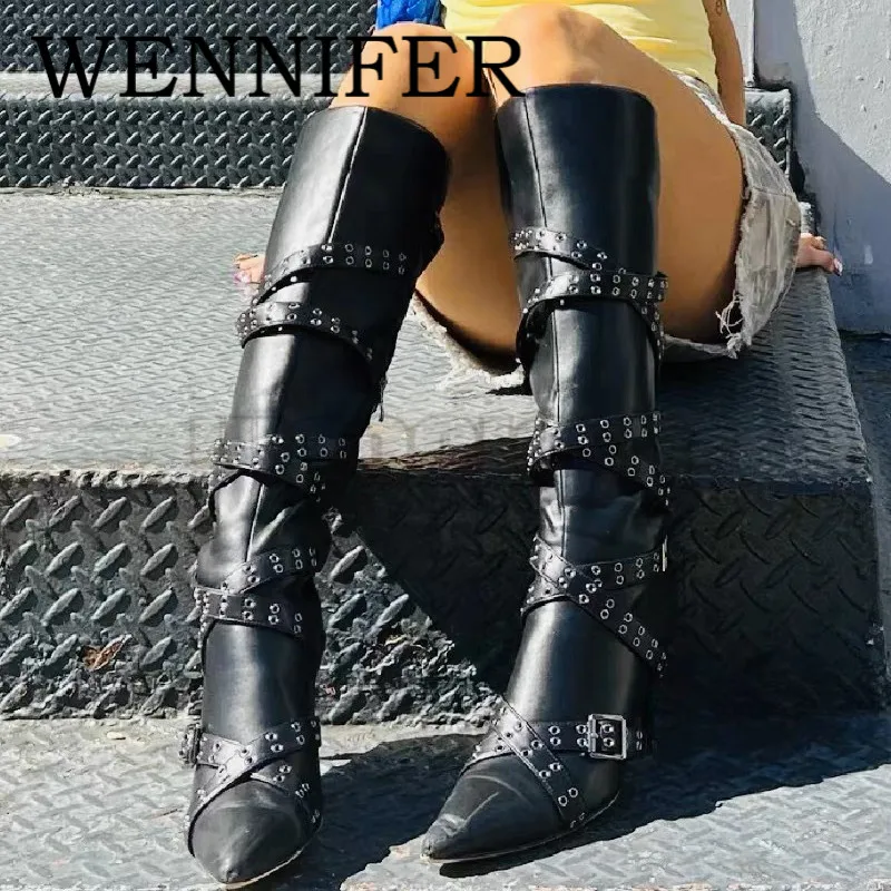 

Metallic Patent Leather Thigh High Heels Boots Pointed Toe Metal Breasted Knight Bootias Ladies Punk Motorcycles Botas De Mujer