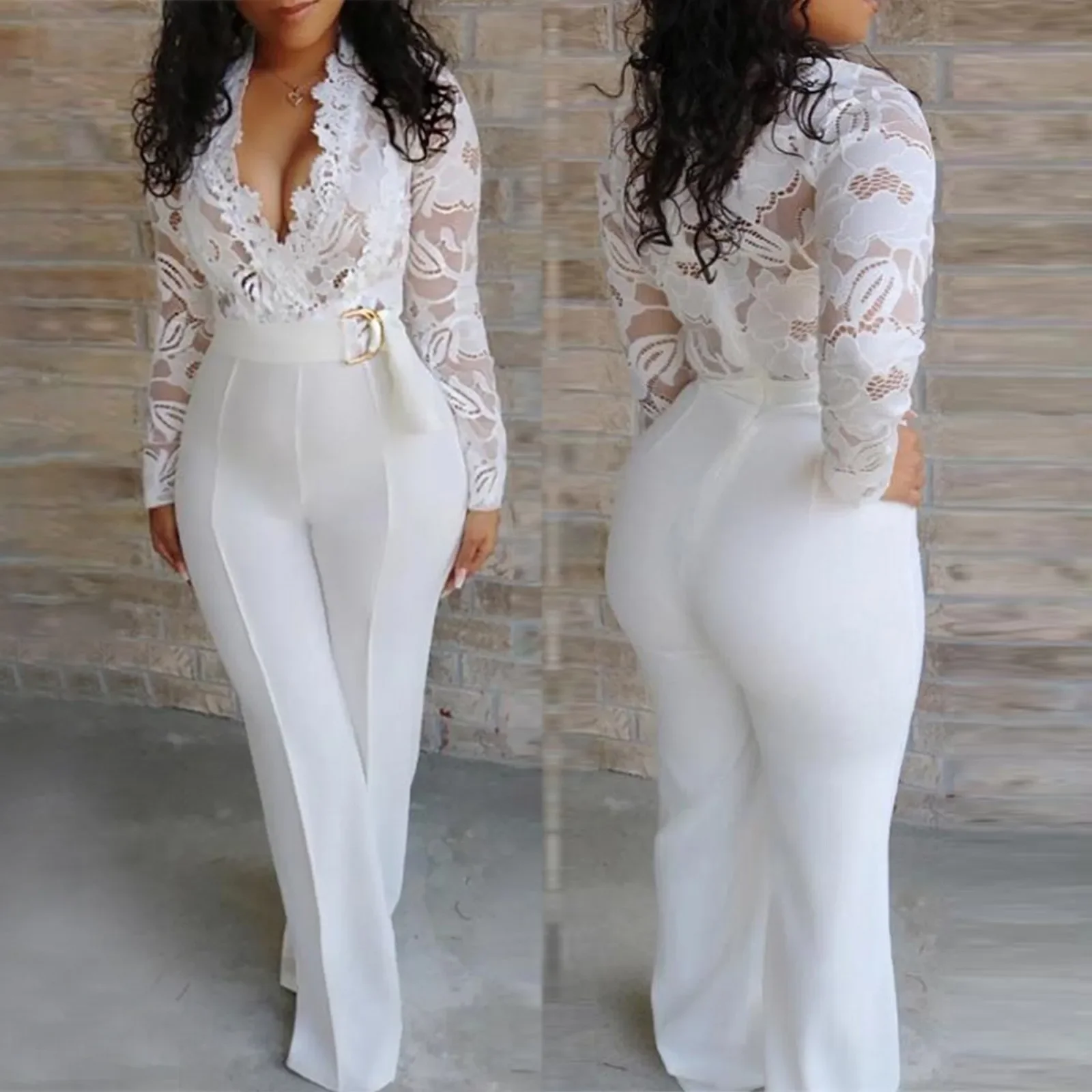 

White Lace Stitching Jumpsuits for Women Elegant Solid Embroidery Slim Jumpsuit with Belt Sexy Deep V Neck Long Sleeve Overalls