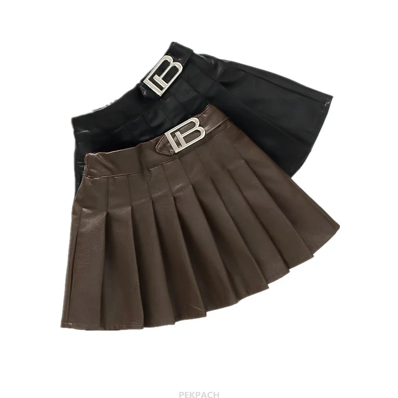 Preppy 스타일 어린이 짧은 가죽 스커트 여자 브랜드 디자인 미니 PU Pl..