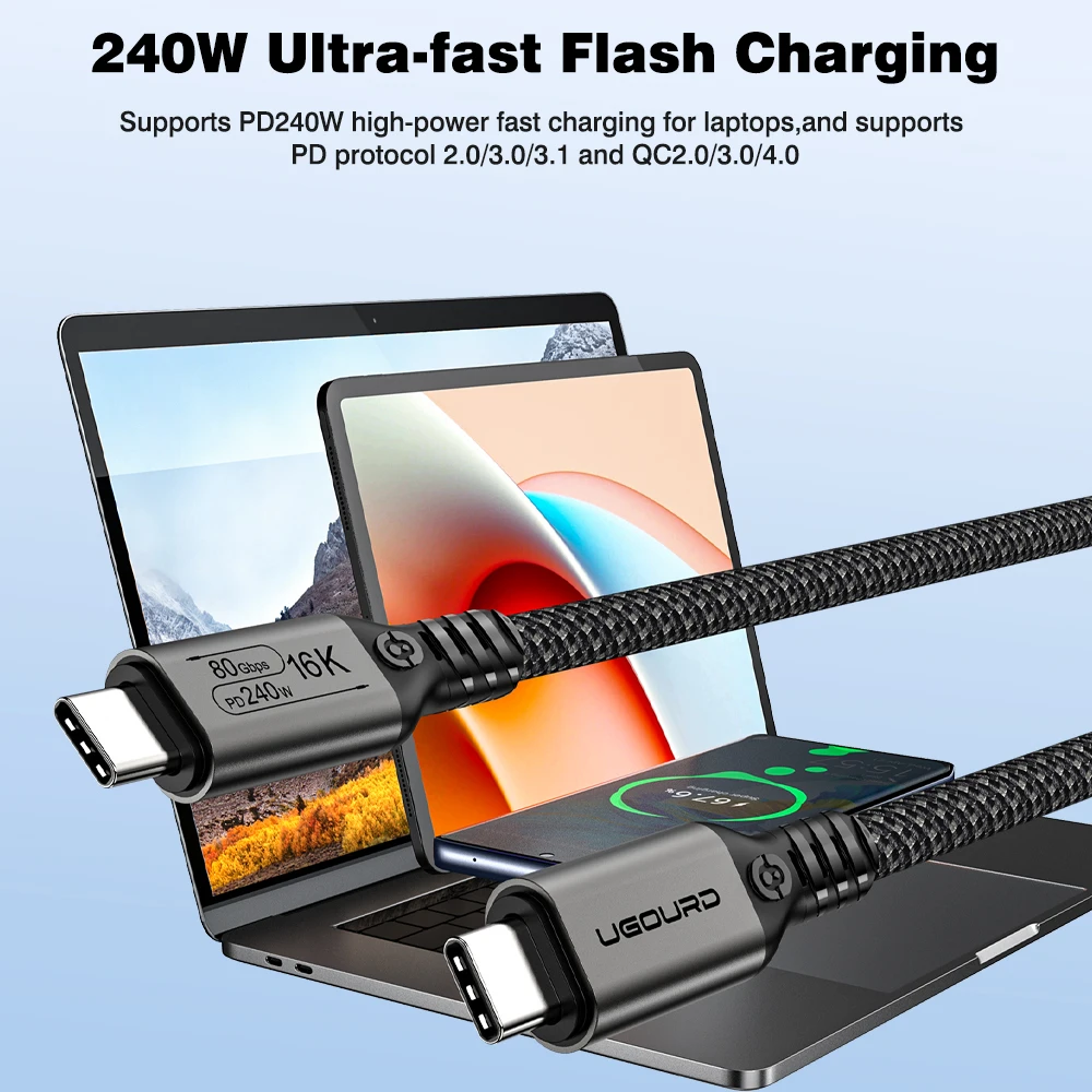 UGOURD 80Gbps Thunderbolt 5 케이블 인증 칩 USB-C Thunderbolt5 2m 0.3m 120Gbps 240W 16K MacBook M.2 하드 드라이브 USB4-V2