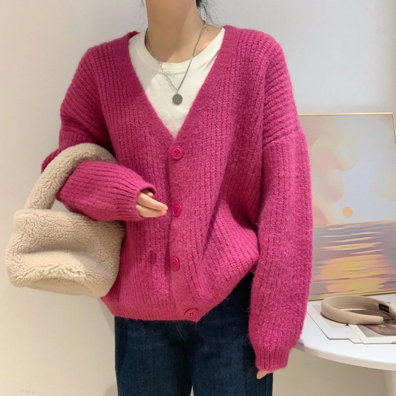 

Solid Cardigan V Neck Sweaters Cardigan Women Cardigan Relaxed Slouchy Knitted Sweater Cardigans