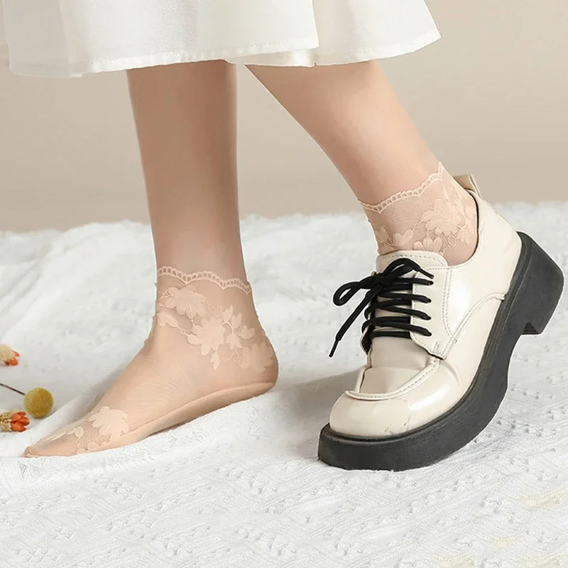 2024 New Socks Women's Lace Transparent Lolita Invisible Summer Thin Non-slip Short  Ankle Black Low Cut Boat Sock 5PCS