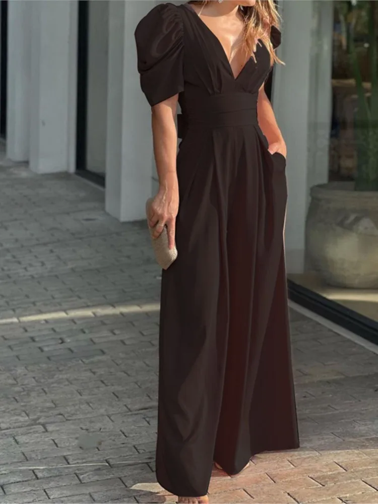 Women\'s Solid Color Short Sleeved Jumpsuit With V-neck Backless Waisted 2023 Elegant Casual Fashion Women\'s Wide Leg Jumpsuit