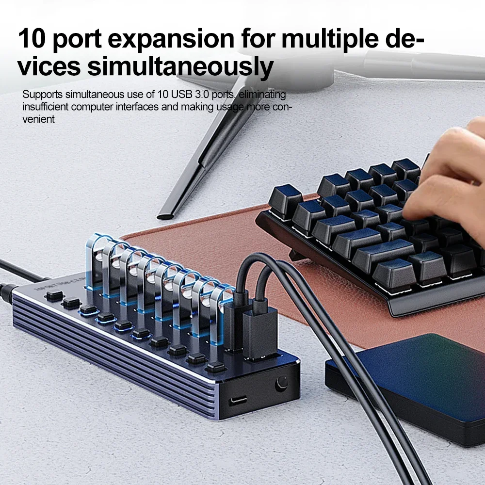 Aluminum 7-Port USB 3.0 Hub with On/Off Switches and Power Adapter