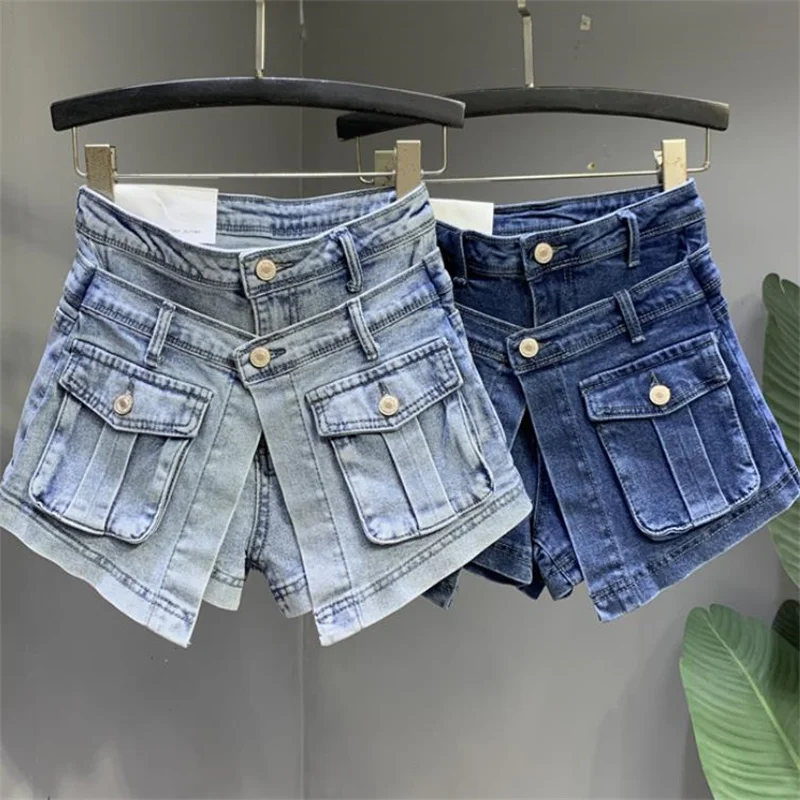 

Джинсовые шорты с карманами, Новинка лета 2022, эластичные женские короткие брюки, модные шорты на пуговицах с высокой талией