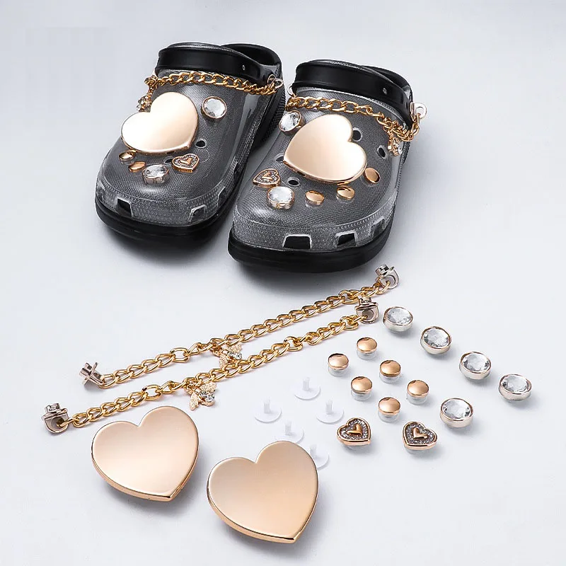 

2 chains set croc shoes charms heart rhinestone diamond gold Accessories jibz for croc clogs shoe Decorations man kids gifts