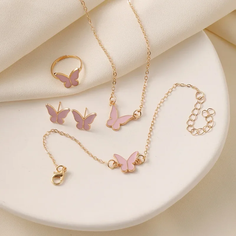 4Pcs Exquisite Butterfly Drop Glazed Jewelry Sets Women New Fashion Versatile Butterfly Pendant Jewelry Set Biżuteria Komplet