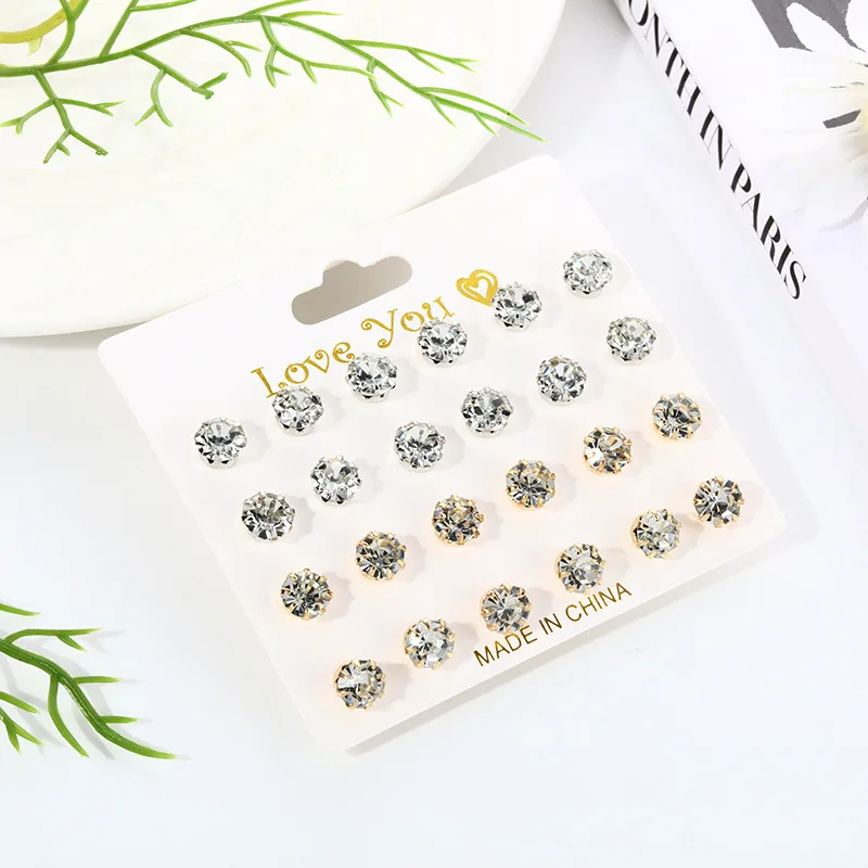 12 Pairs Artificial Crystal Earrings Eight Claw Glass Water Diamond Earrings Versatile Flower Artificial Crystal Card Earring Set