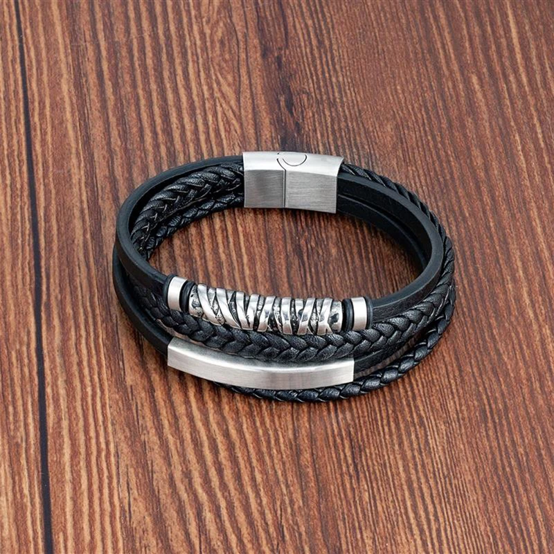 Viking Leather Bracelets for Men Multilayer Stainless Steel Insert Braided Bangles Punk Jewelry Accessories