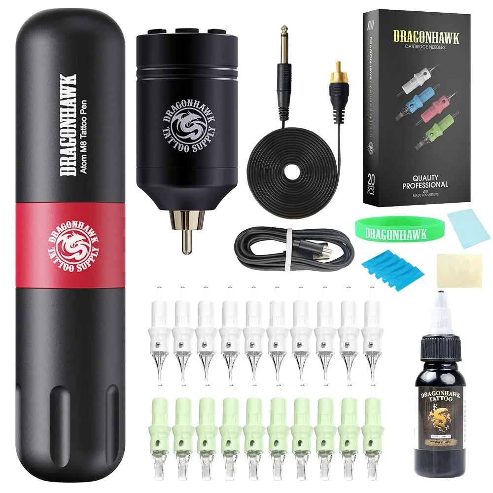 

Dragonhawk Tattoo Motor Rotary Tattoo Machine Makeup Kit With RCA Wireless Battery Power Silicone Case Cartridge Needles Set