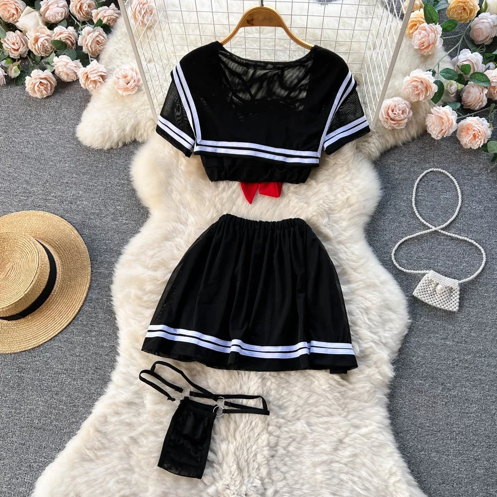 New Sailor Japanese Style Sweet Erotict Suits Female Short Sleeve Bow TieTops+Pleated Mini Skirt Lingerie Women Sheer Sexy Sets