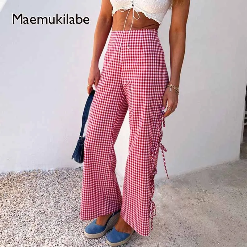 

Брюки Maemukilabe в клетку с широкими штанинами, кавайные свободные брюки с боковым поясом и вырезами, спортивные брюки для отдыха Y2K, винтажные брюки, уличная одежда
