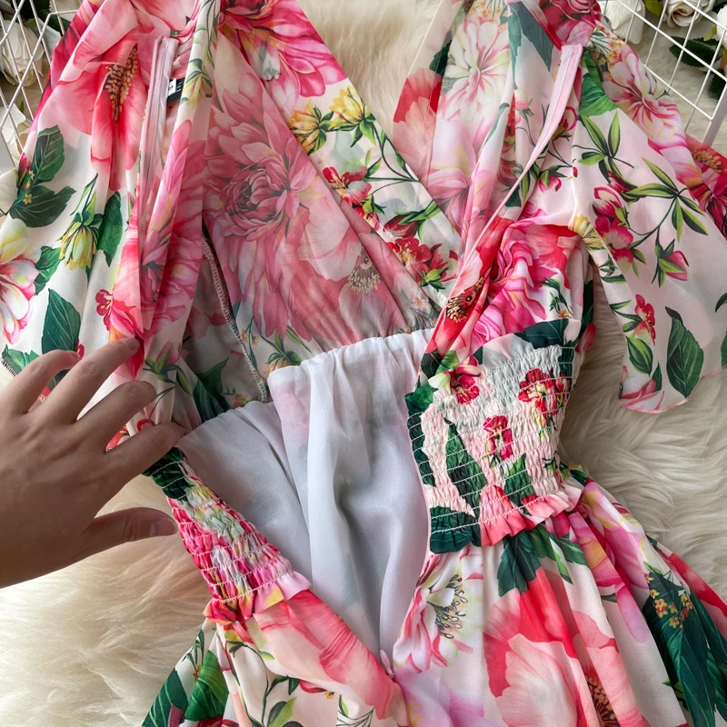 Elegant Party Dress Women Chiffon Printed Floral Long Dresses Ladies Short Sleeve Sexy V-neck Beach Maxi Dress Vestidos