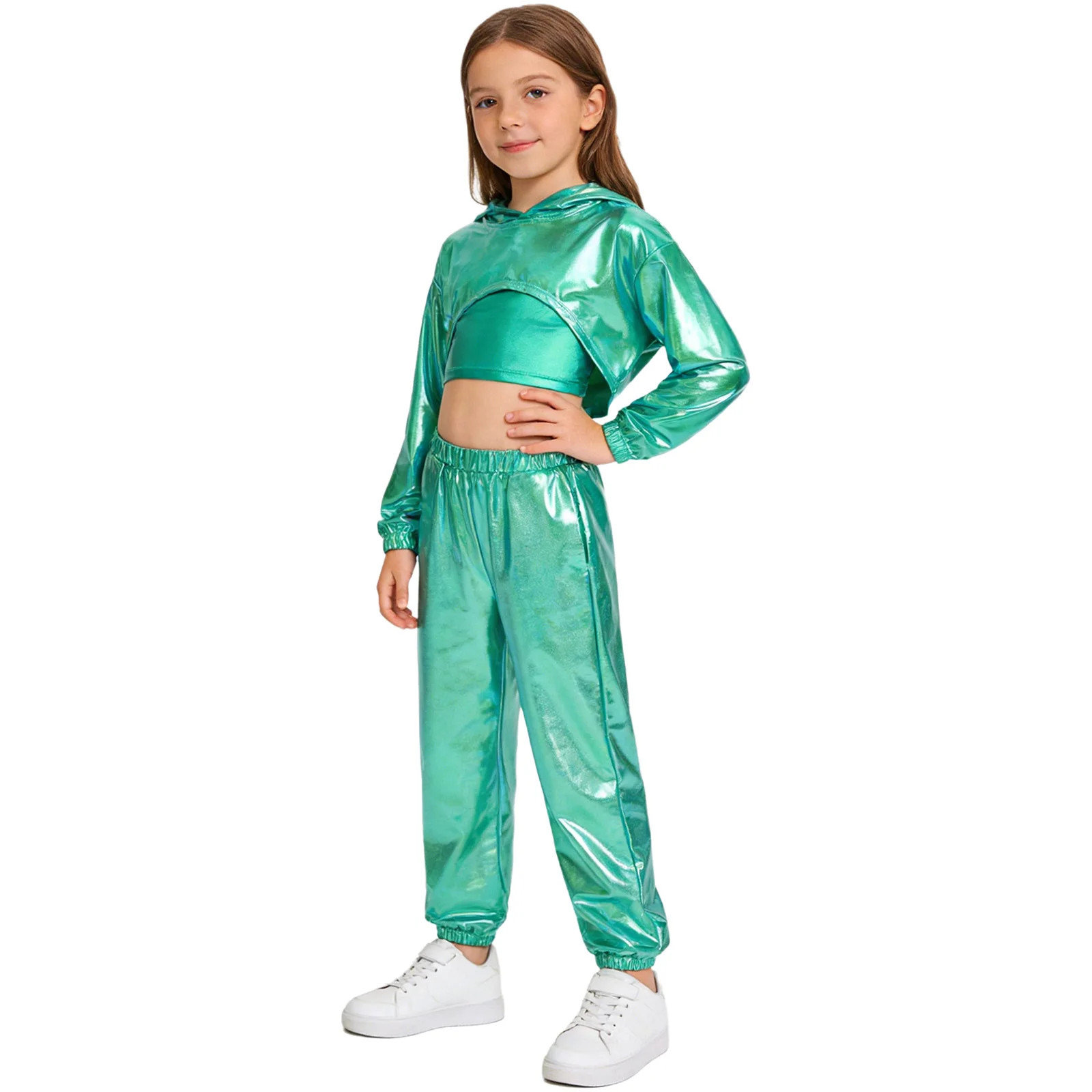 Hip-Hop-Jazz-Tanzkostüm für Kinder und Mädchen, langärmliger, metallisch glänzender, verkürzter Kapuzenpullover mit Spaghettiträgern, Camisole und glänzenden Hosen – Detail 30