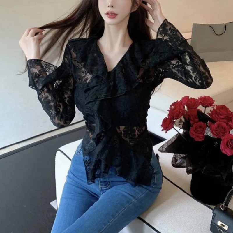 y2k Lace Blouse Women Coquette Clothes Sheer See Through Ruffle Flared Long Sleeve Shirt Top 2000s Clothing Streetwear