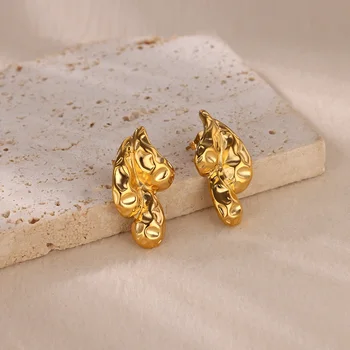 Irregular Textured WaterDrop Earrings for Women Stainless Steel Gold Color Stud Earrings 2024 Trend Ear Piercing Wedding Jewelry