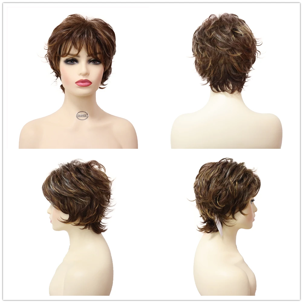 GNIMEGIL Synthetic Wig for Woman Short Brown Curly Wig with Bangs Fluffy Layered Hairstyle Female Natural Wig Lady Mommy Wig