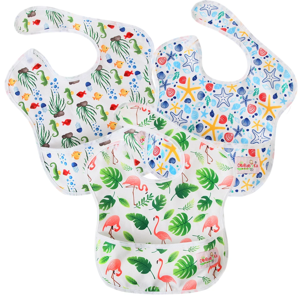 Ohbabyka infant baby girl clothes accessories one size fits all waterproof reusable baby feeding bibs with pocket
