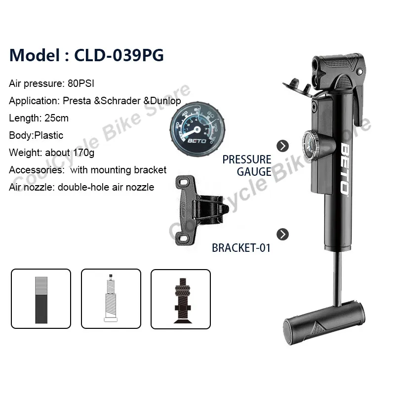 BETO Pompa Da Bicicletta Mini Pompa A Mano Valvola AV/FV Pneumatico Per Bici Ciclismo Gonfiatore Da Equazione Pompa Ad Aria Portatile Per Bici Da Strada MTB Schrader & Presta - Foto 7