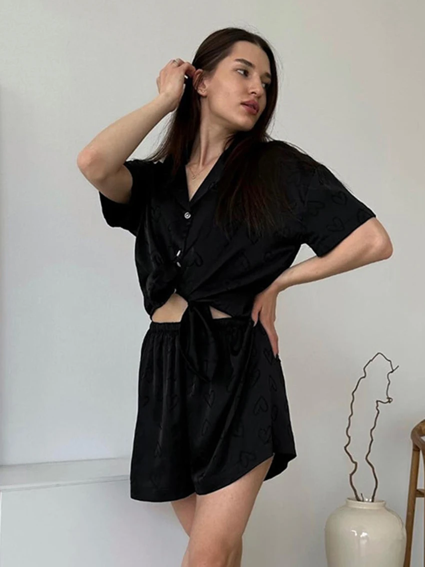 Marthaqiqi Summer Women'S Nightgowns Set Short Sleeve Nightwear Sexy Turn-Down Collar Pajama Shorts Casual Ladies Sleepwear Suit