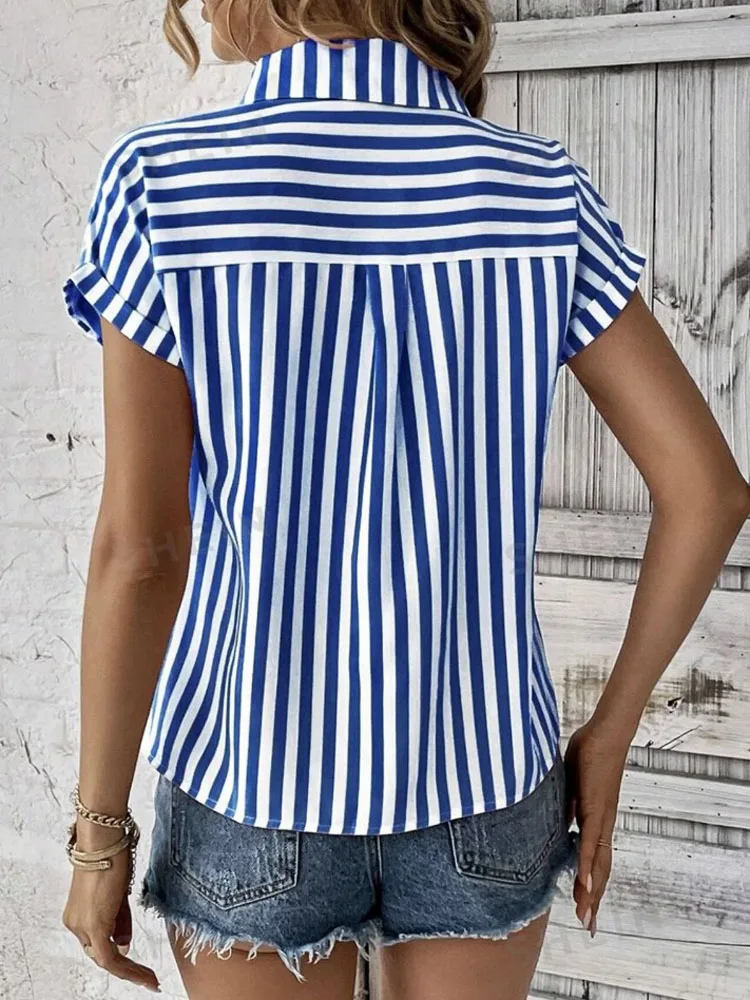 Women Summer Short Sleeve Striped Blouse Tops