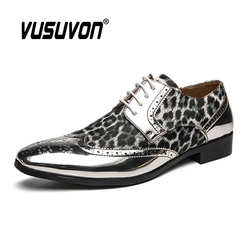 Luxury Leopard Print Formal Men Derby Dress Shoes Classic Dress Loafers Lace-Up Silver Golden Causal Footwear 39-45 2