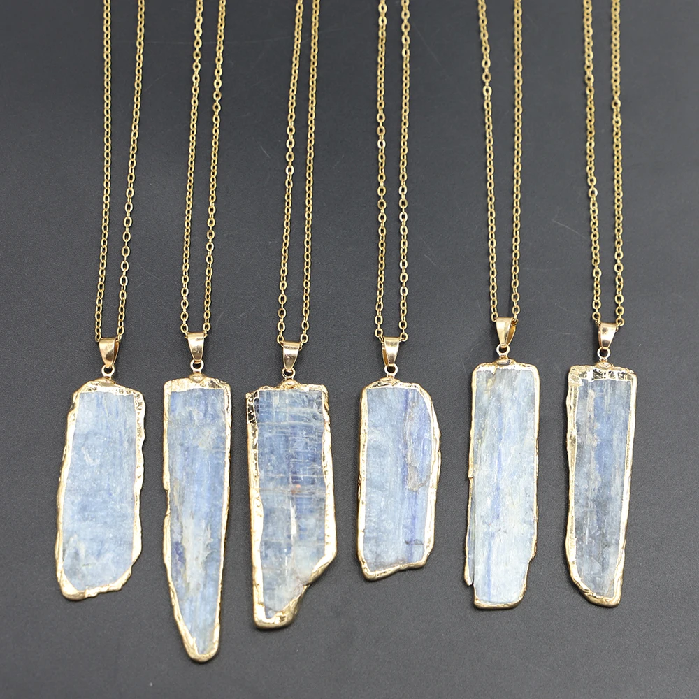 Natural Kyanite Irregular Raw Ore Chain Pendants Rough Stone Silver Gilded Edge Necklace Charm Jewelry Accessories Wholesale6Pcs