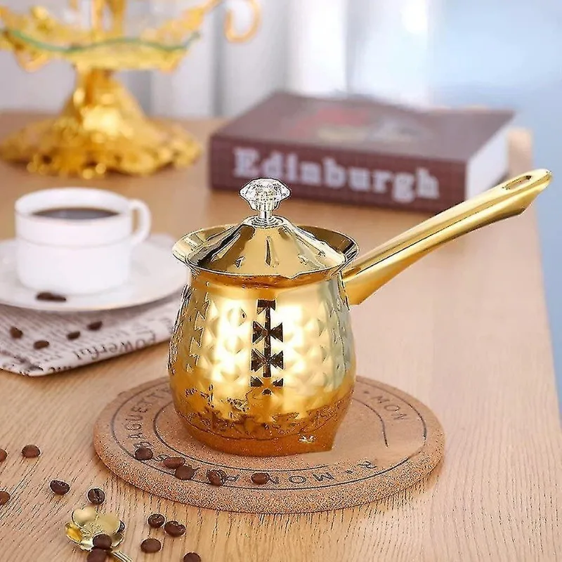 Gold Hammered Milk Pot Stainless Steel Turkish Coffee Pot with Lid Long Handle Saucepan Butter Melting Pot Kitchen Tools