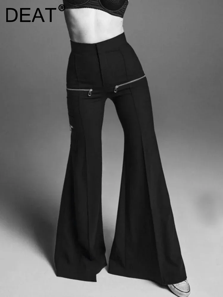 

DEAT Fashion Women's Pants High Waist Zipper Decorate Slim Sagging Sensation Full-length Flare Trouser Summer 2024 New 7AB4011